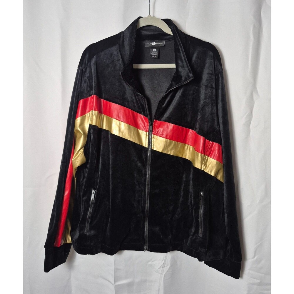 Ashley Stewart Velour Track Jacket Women's 26/28 Black Red Gold Stripe Zip Up